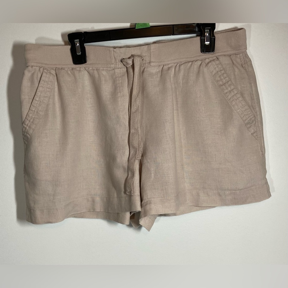 LUCY & LAUREL 100% Linen Shorts Beige Size M Tie Front Elastic Waist Pockets